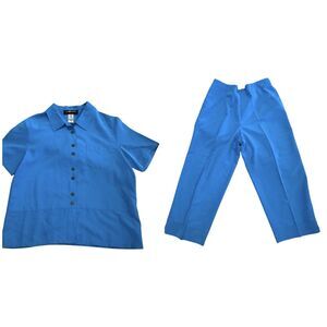 Sag Harbor Pant Suit Women 10P Blue Button Front Shirt Elastic Pants